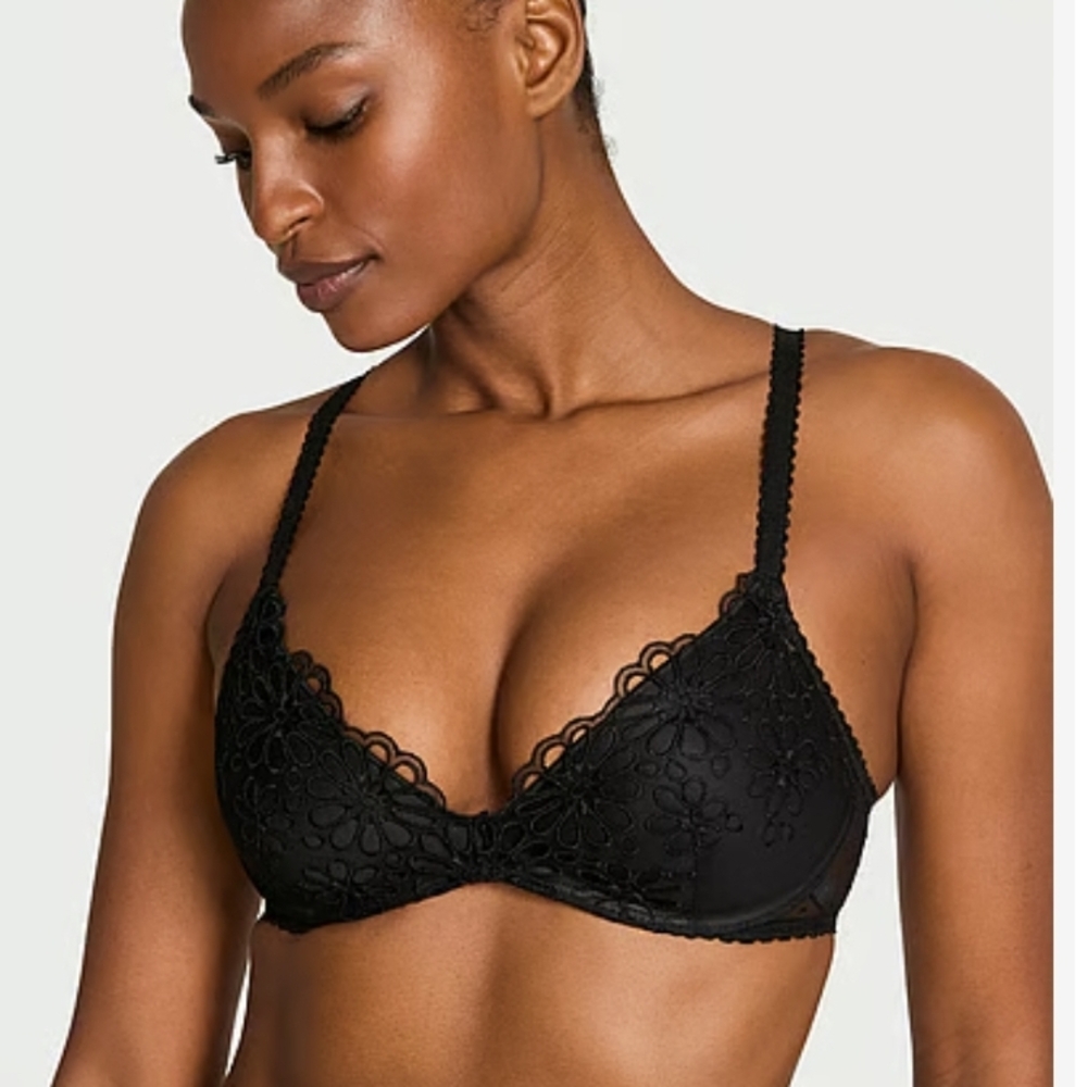 TWO Victoria's Secret 36C Wireless Bras: Black Lace And Bright Pink
